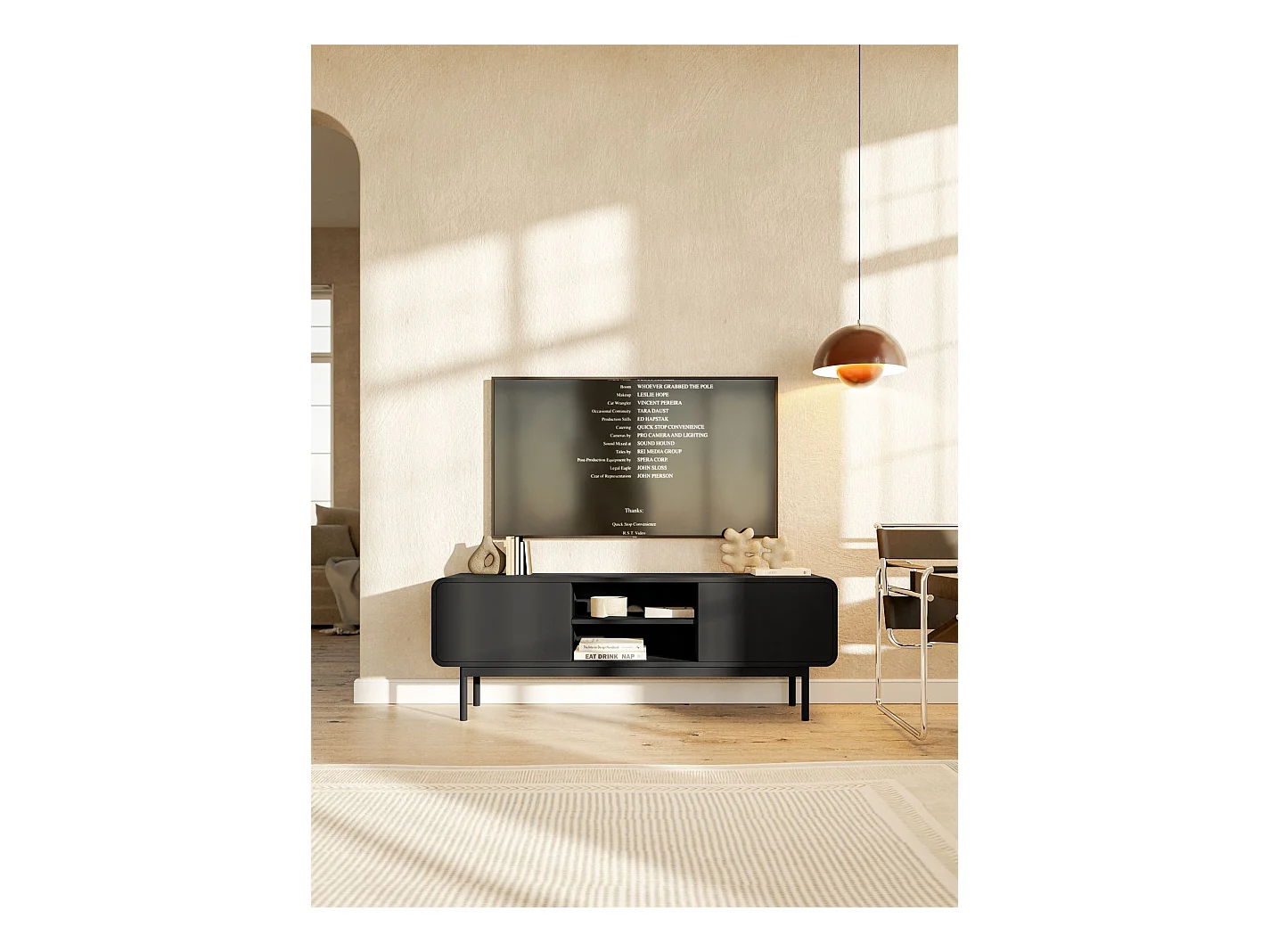 TV-meubel - 154 cm - met twee lades en een nis - staand - zwart - ORO