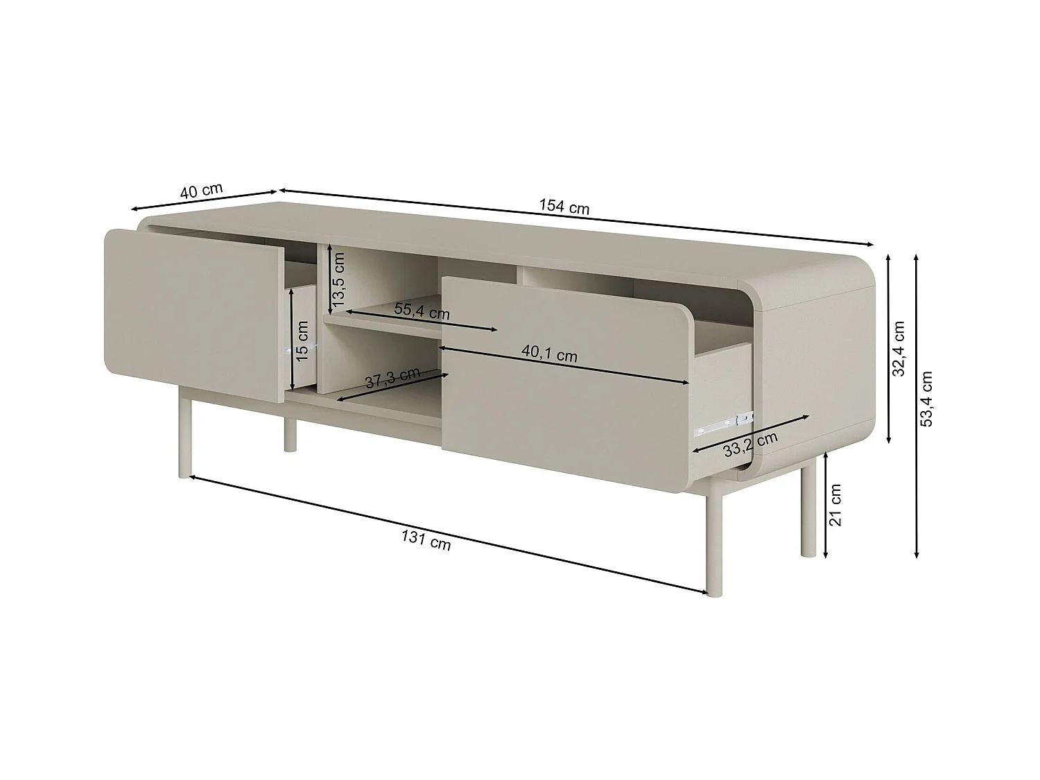 TV-Lowboard mit 2 Schubladen - schwarz - 154 cm - ORO