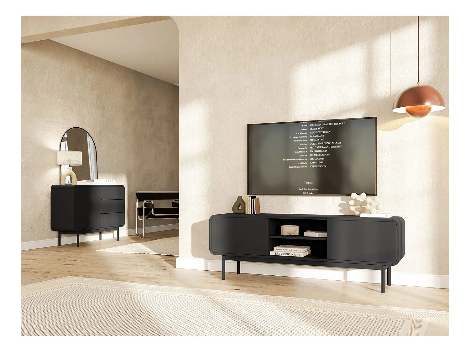 TV-Lowboard mit 2 Schubladen - schwarz - 154 cm - ORO