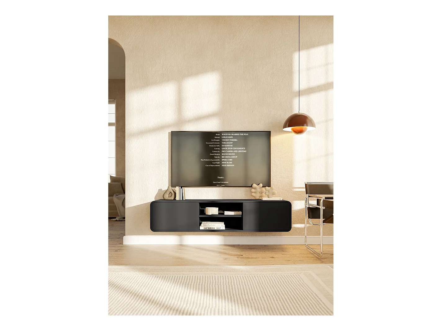 TV-meubel - 154 cm - met twee lades en een nis - hangend - zwart - ORO
