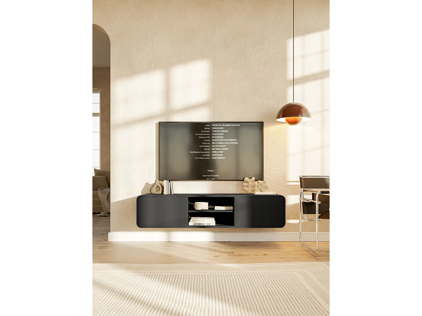 Meuble TV - 154 cm - avec deux tiroirs et une niche - suspendu - noir - ORO