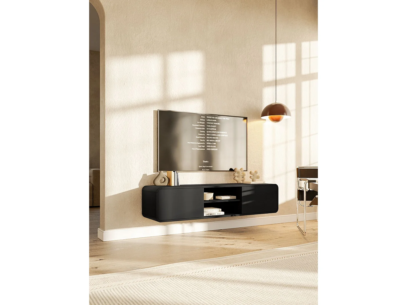 Meuble TV - 154 cm - avec deux tiroirs et une niche - suspendu - noir - ORO