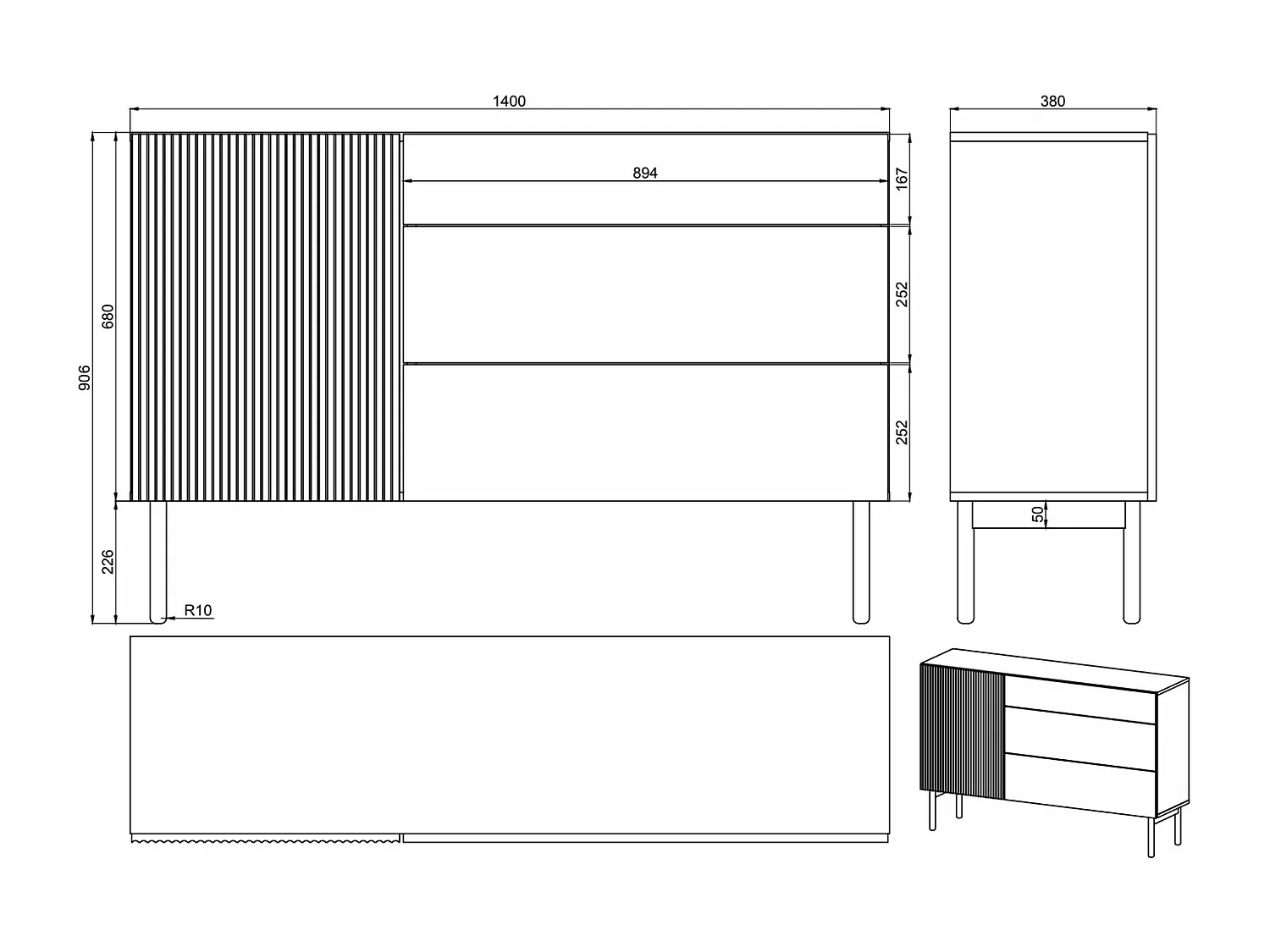 Sideboard mit 3 Schubladen - Holzoptik Esche Schwarz - 140 cm - NOLIE