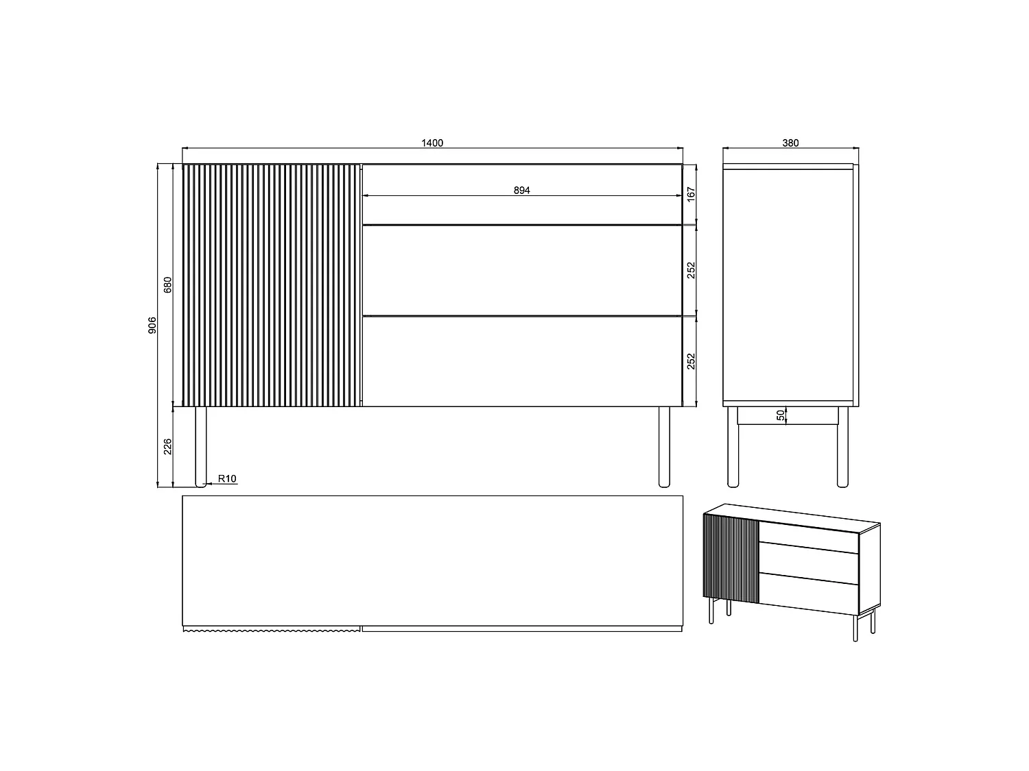 Buffet 3 tiroirs - 140 cm - avec 3 tiroirs - couleur du bois de frêne Portland - NOLIE
