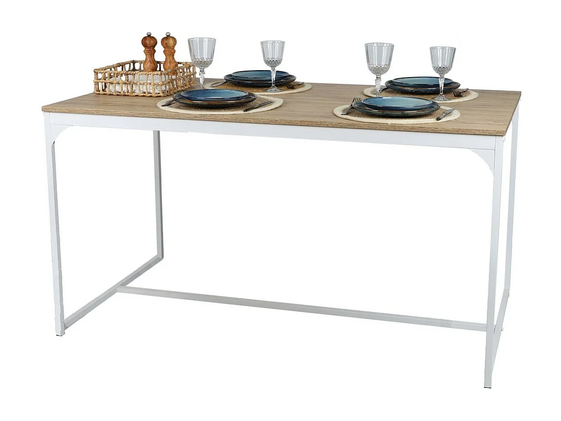 Table à manger style industriel collection PUEBLO – Coloris chêne clair avec pied en métal blanc, dimensions 150x80x75 cm