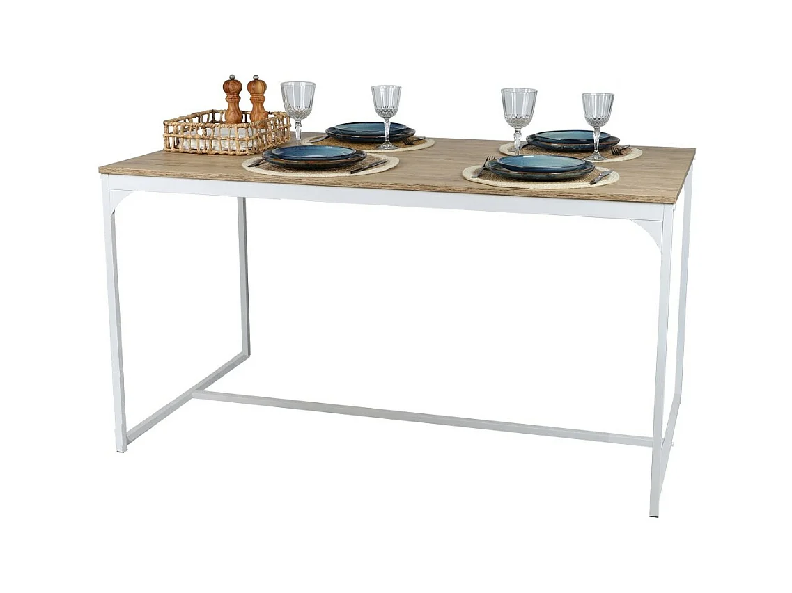 Table à manger style industriel collection PUEBLO – Coloris chêne clair avec pied en métal blanc, dimensions 150x80x75 cm