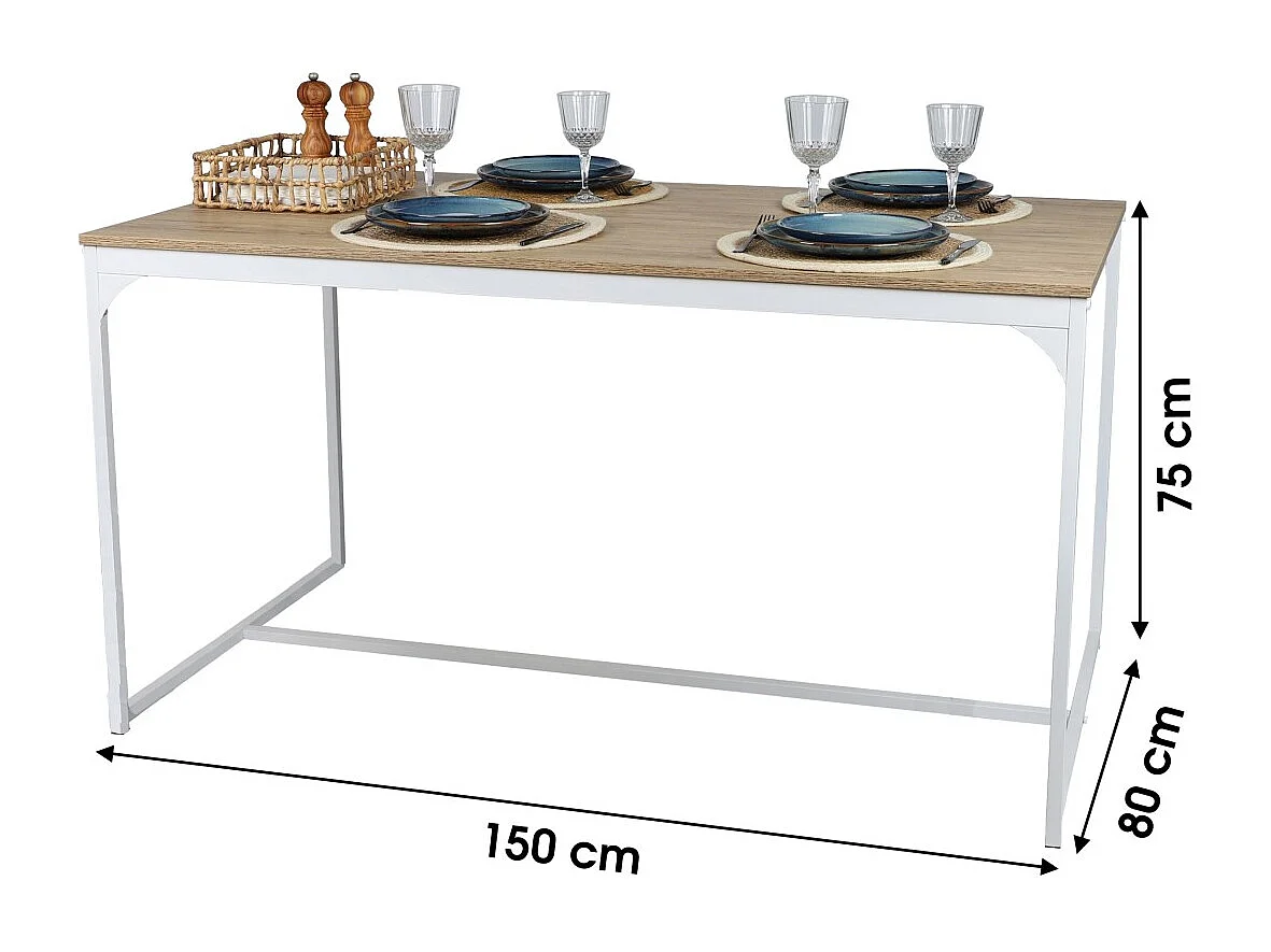 Table à manger style industriel collection PUEBLO – Coloris chêne clair avec pied en métal blanc, dimensions 150x80x75 cm