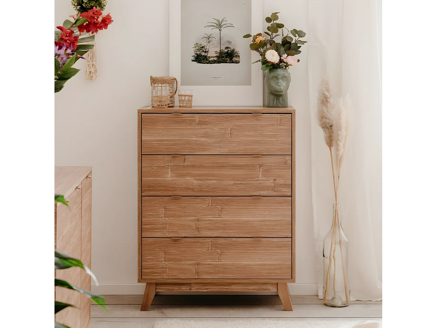 Commode 4 tiroirs décor bambou - L82 cm