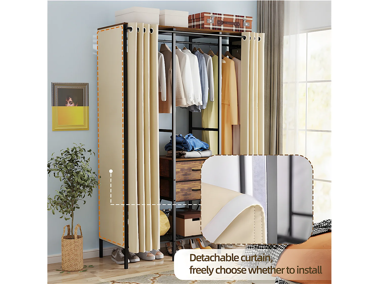 Schlafzimmerschrank großer Ankleideschrank mit Vorhang 149,5x50x214cm