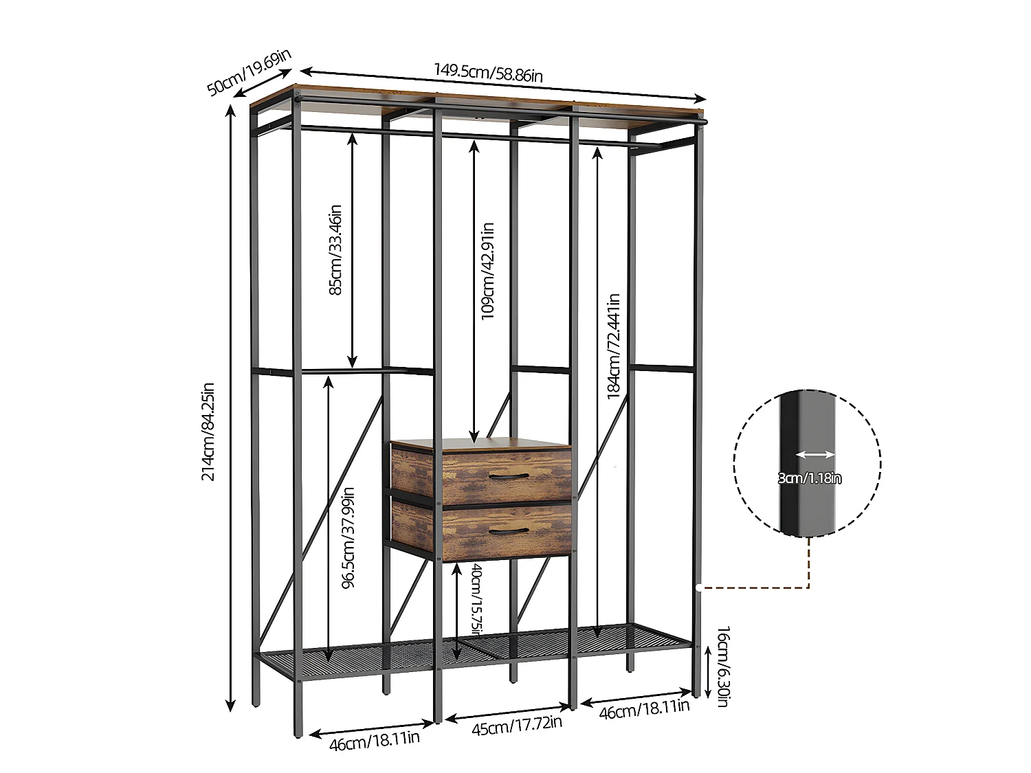 Schlafzimmerschrank großer Ankleideschrank mit Vorhang 149,5x50x214cm