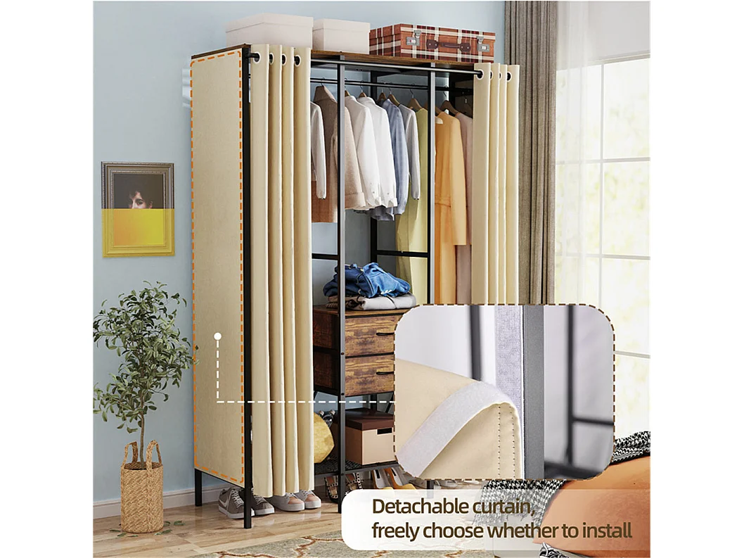 Armoire de rangement chambre grand dressing penderie avec rideau 149.5x50x214cm