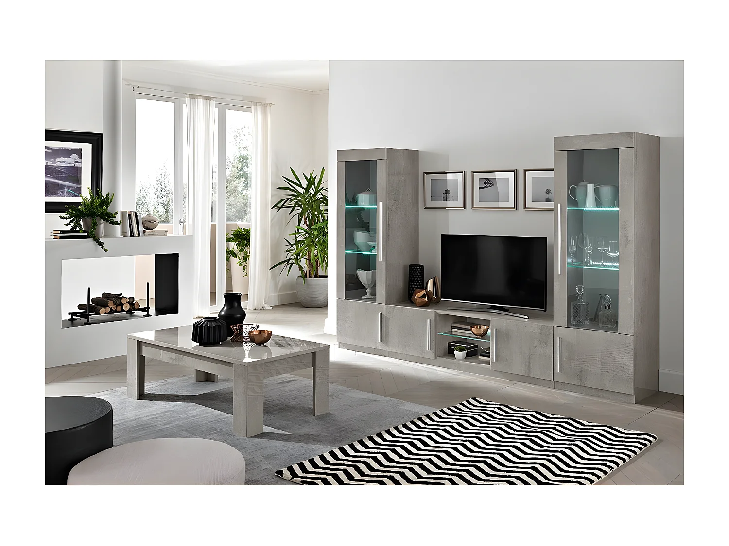 CLARK - Ensemble Salon Complet Effet Marbre Meuble TV et Vitrines avec Leds + Table Basse