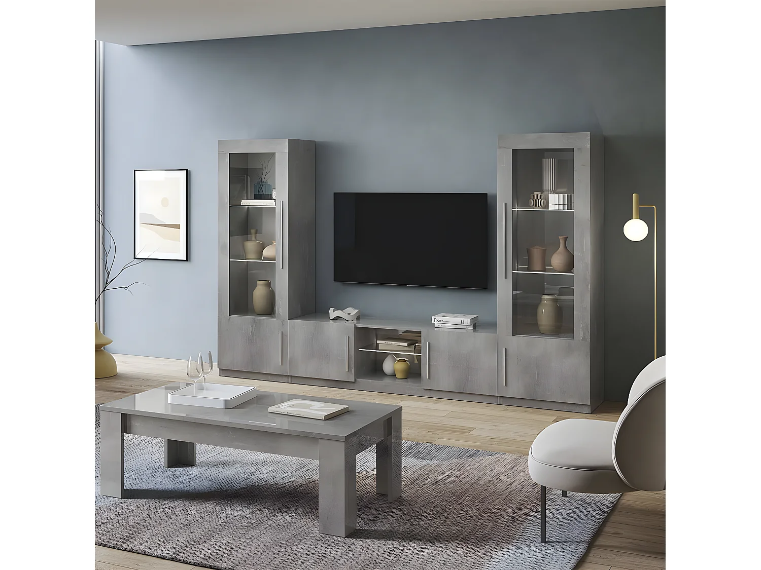 CLARK - Ensemble Salon Complet Effet Marbre Meuble TV et Vitrines avec Leds + Table Basse