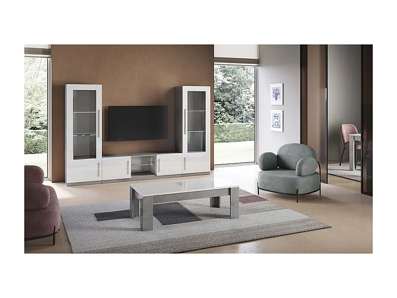 CLARK - Ensemble Salon Complet Blanc et Marbre Meuble TV et Vitrines avec Leds + Table Basse