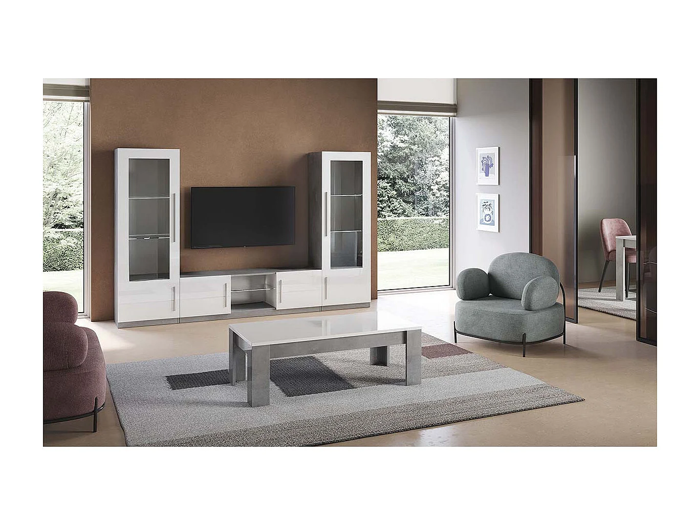 CLARK - Ensemble Salon Complet Blanc et Marbre Meuble TV et Vitrines avec Leds + Table Basse