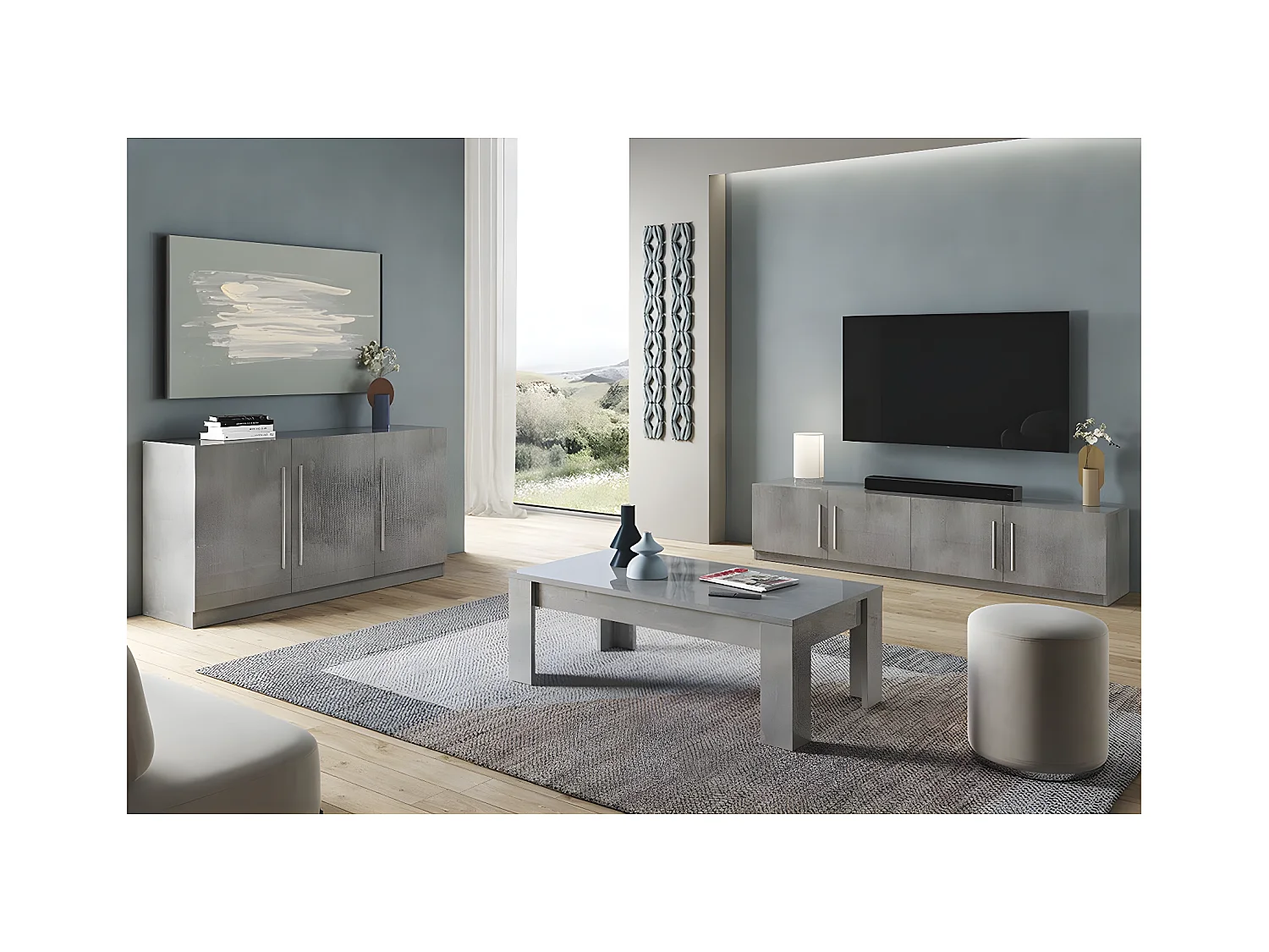 CLARK - Ensemble Salon Effet Marbre Meuble TV + Buffet + Table Basse