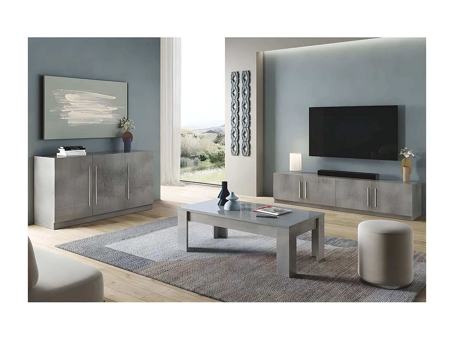 CLARK - Ensemble Salon Effet Marbre Meuble TV + Buffet + Table Basse