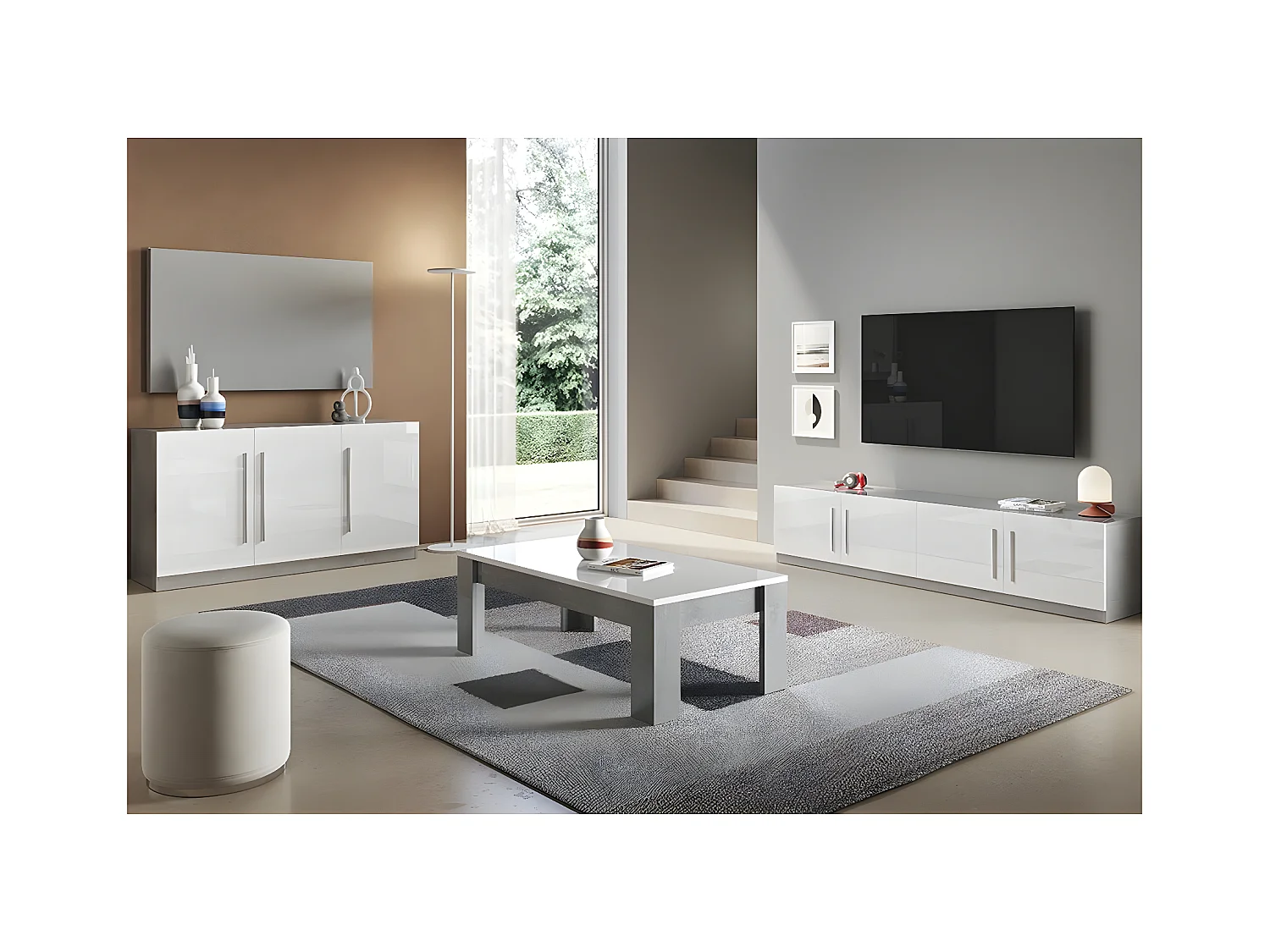 CLARK - Ensemble Salon Blanc et Marbre Meuble TV + Buffet + Table Basse