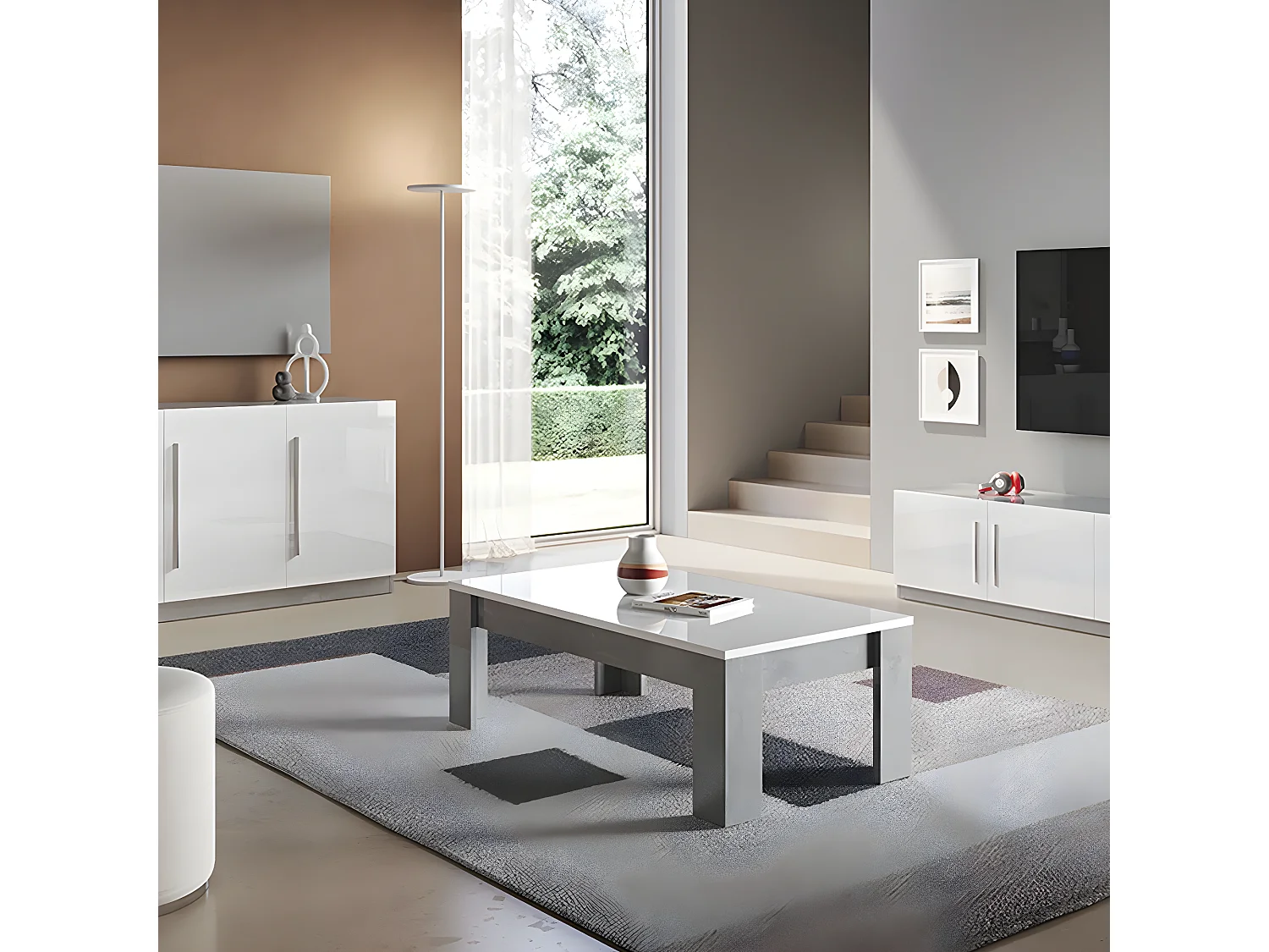 CLARK - Ensemble Salon Blanc et Marbre Meuble TV + Buffet + Table Basse