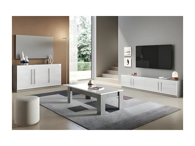 CLARK - Ensemble Salon Blanc et Marbre Meuble TV + Buffet + Table Basse