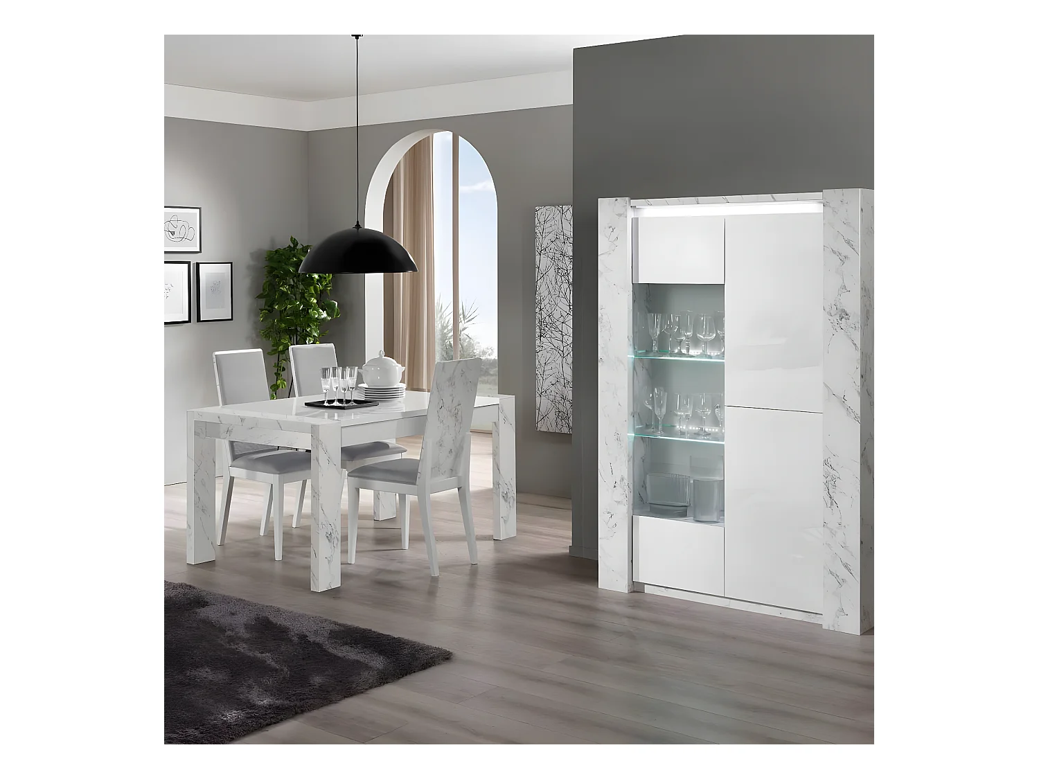 PRAVA - Ensemble Séjour Blanc et Effet Marbre Table 190cm + Vitrine avec Leds