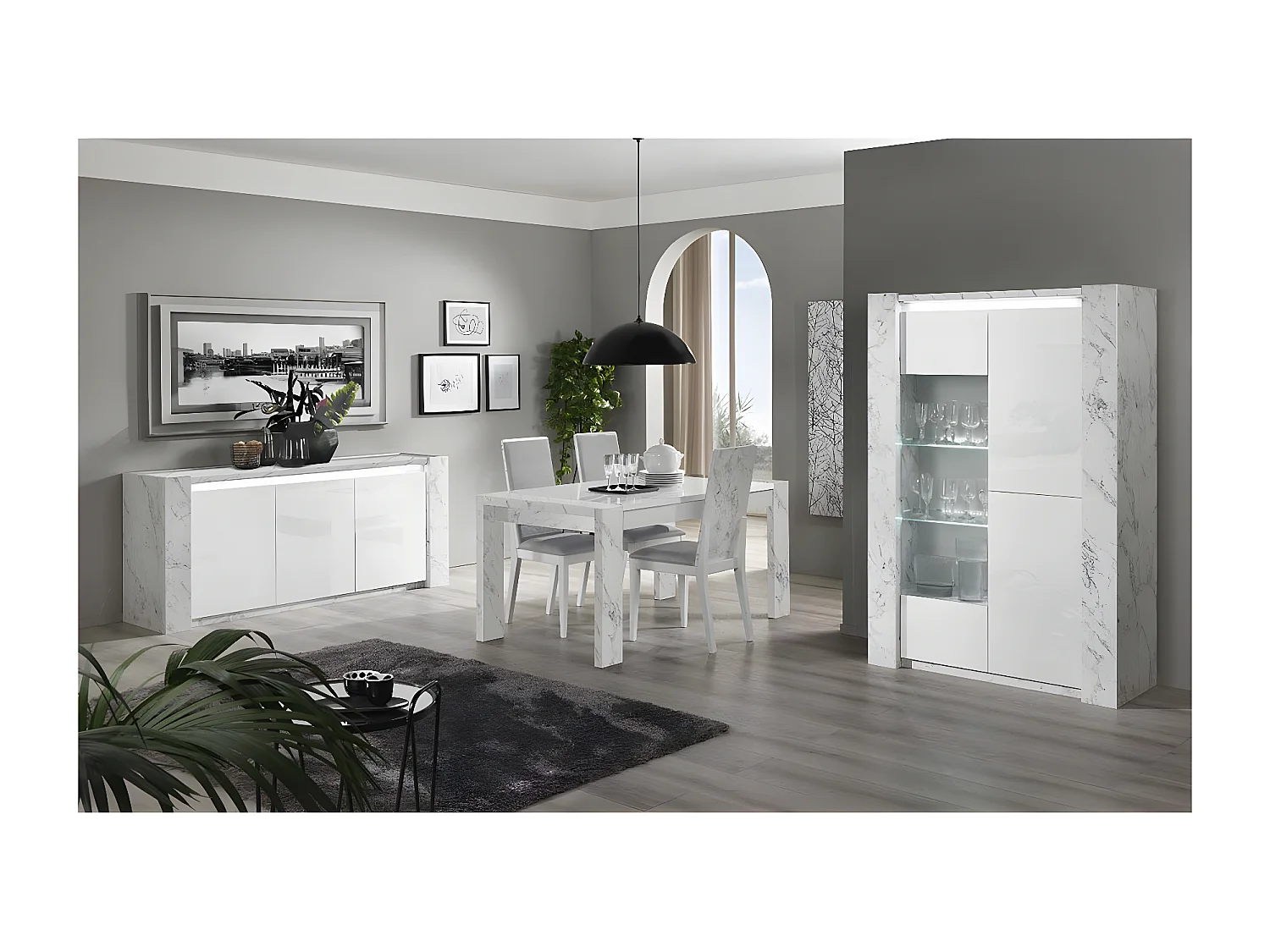 PRAVA - Ensemble Séjour Blanc et Effet Marbre Table 190cm + Vitrine avec Leds