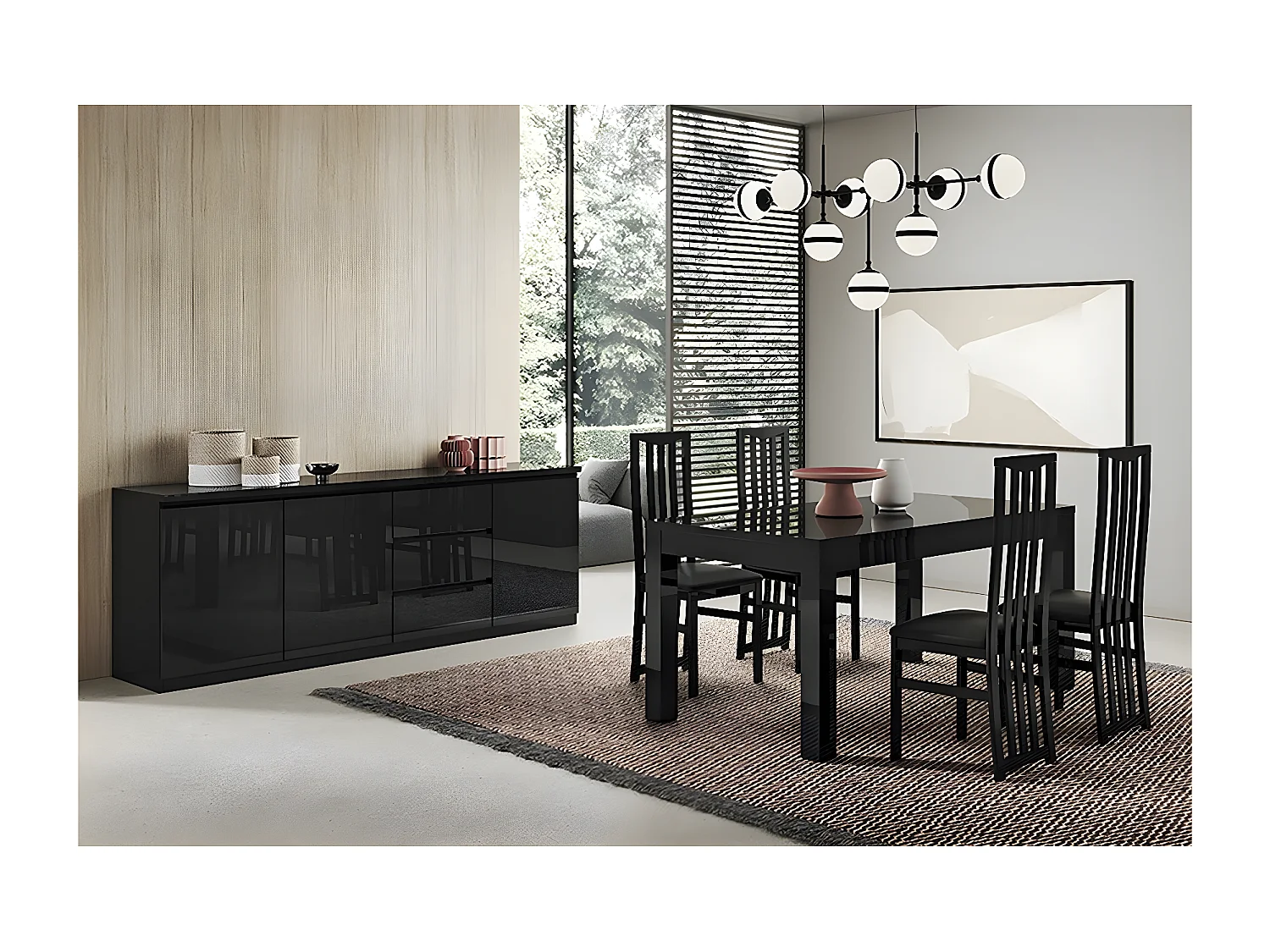 DEYTON - Ensemble Séjour Laqué Noir Table 160cm + Buffet 3 Portes