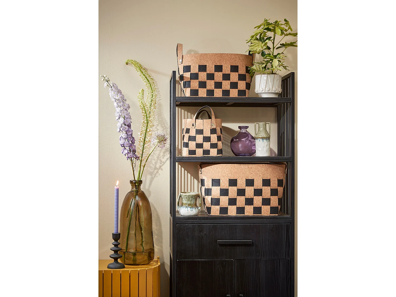 Korbe-Set aus Kork und Filzstoff - 40 x 30 x 30 - Schwarz -