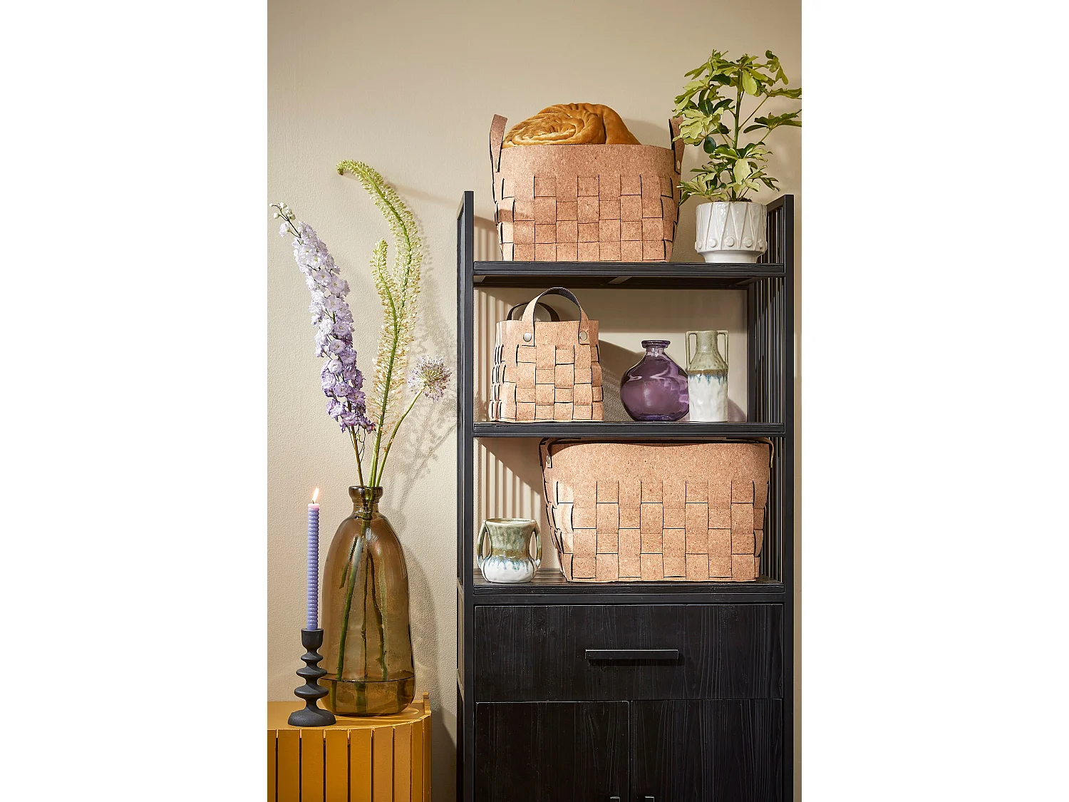 Ensemble de panier de rangement en liège et feutre - 40 x 30 x 30 - Marron -