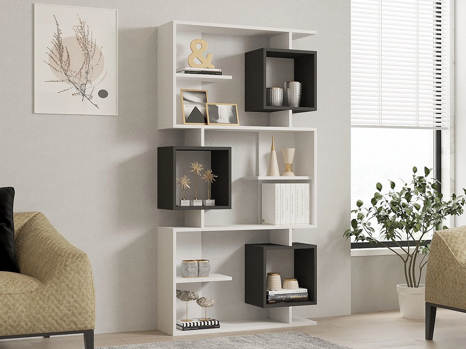 Estantería Kailua 2158, Abierto, Aglomerado laminado, 172x90x25cm, Blanco|Antracita