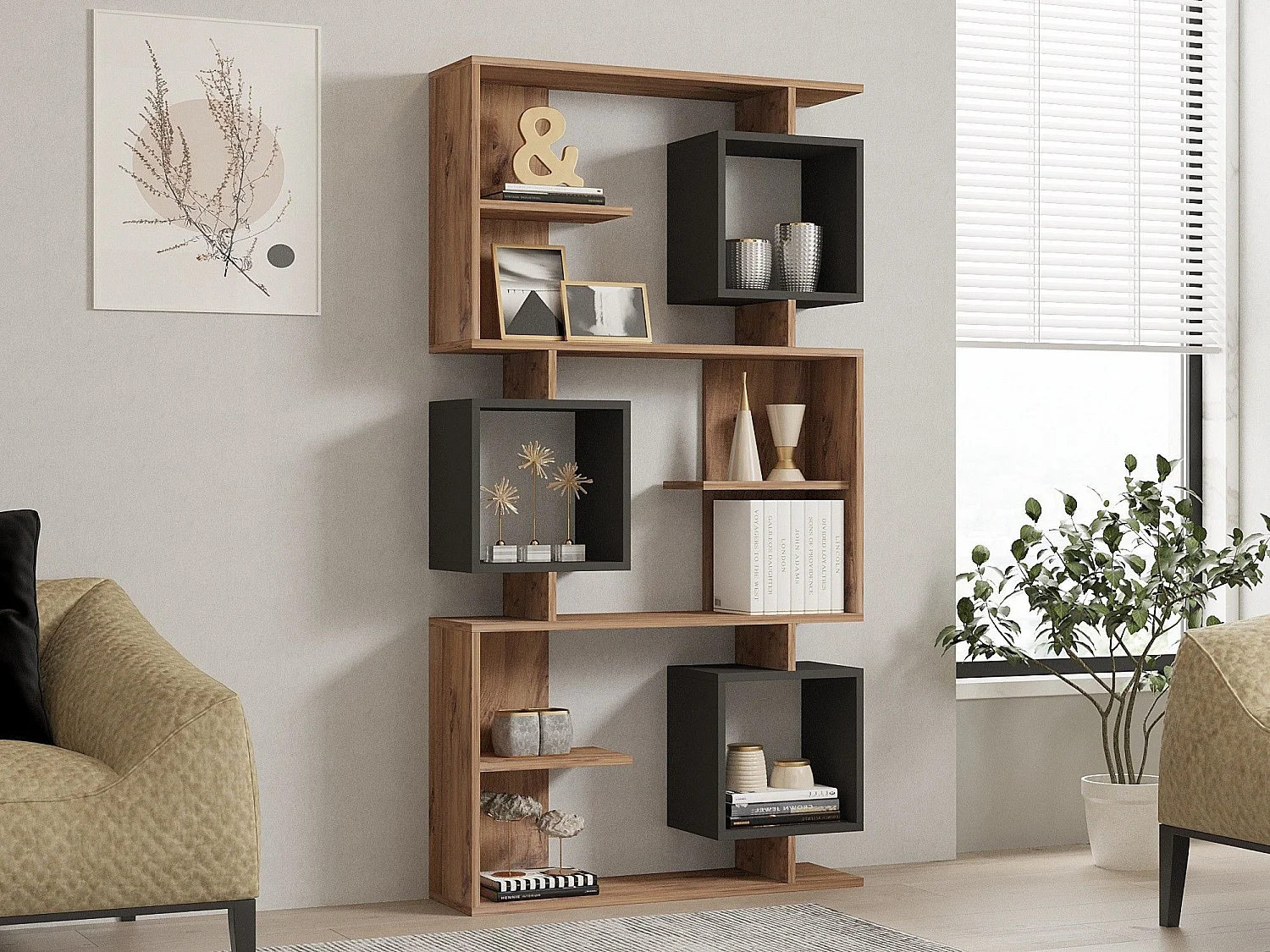 Étagère bibliothèque Ariadne L90cm Bois foncé et Anthracite