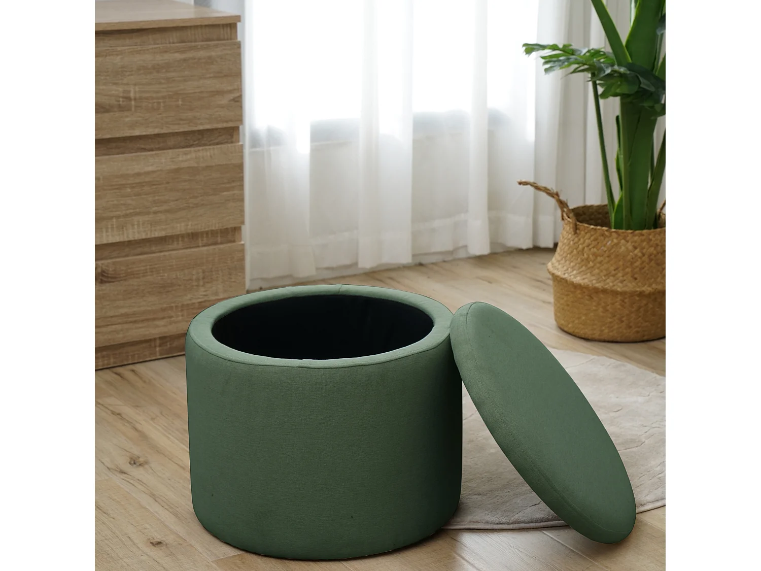 Coffre de rangement SVITA AMBER avec couvercle, tabouret avec espace de rangement, vert foncé