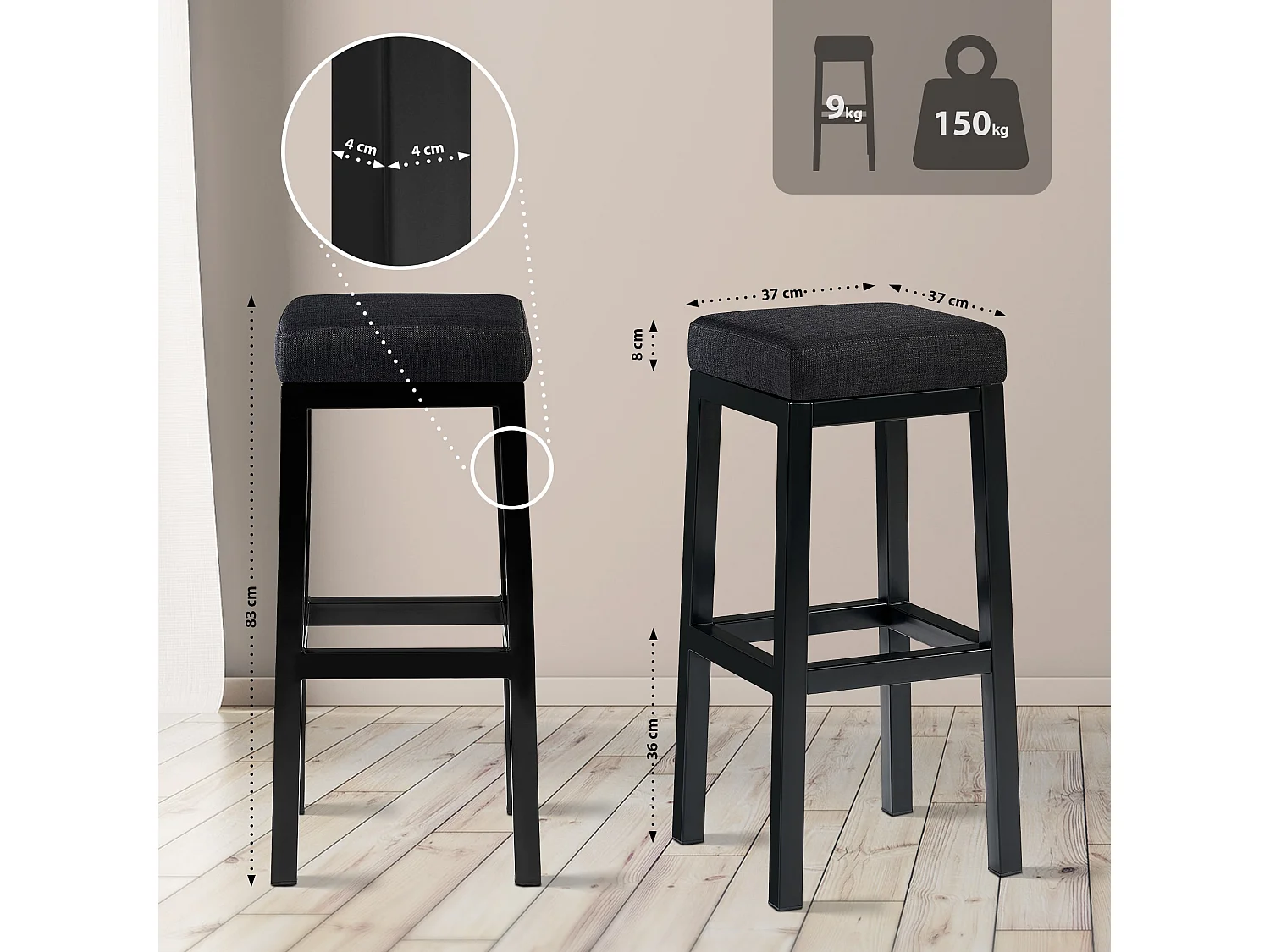 Tabouret de bar - Tissu - Gris foncé - Taylor B85