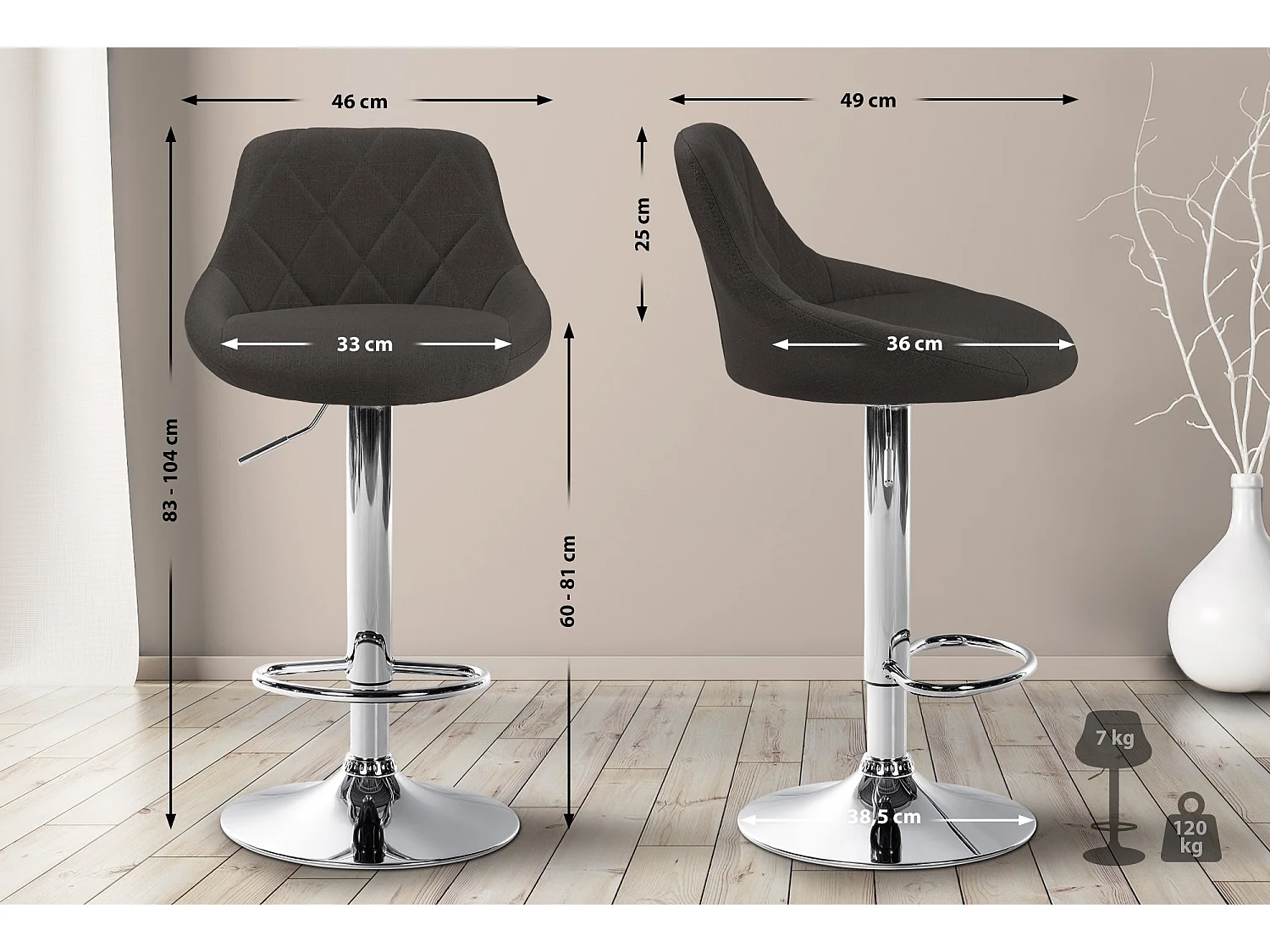 Tabouret de bar - Tissu & Chrome - Gris foncé - Lazio