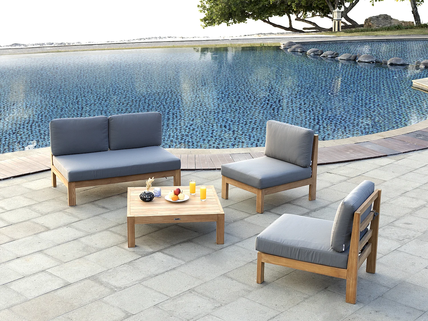 Gartensofa 2-Sitzer - Teakholz - Holzfarben hell & Grau - SUMINI von MYLIA