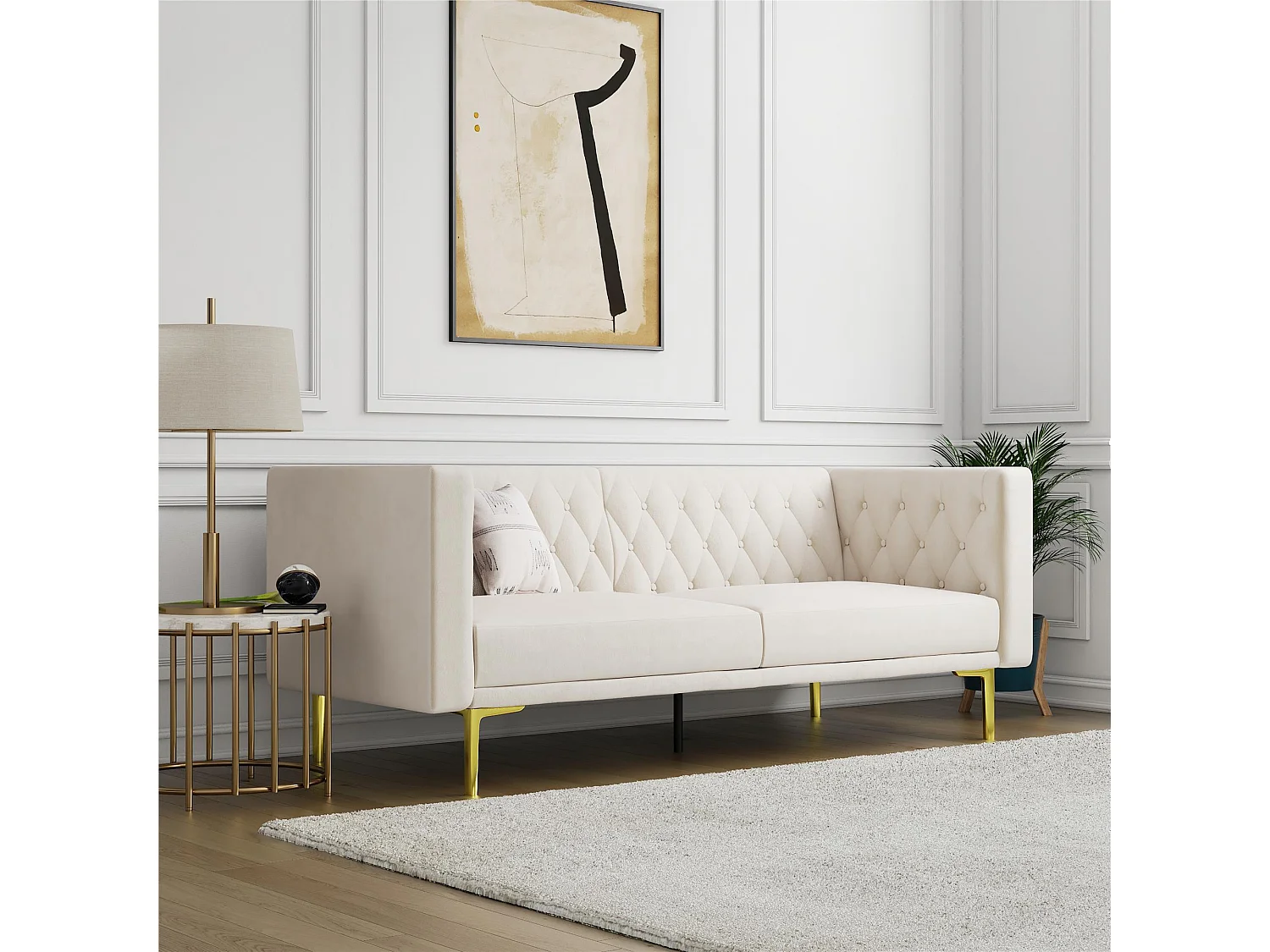 Marseille | Sofá 3 Plazas Terciopelo Marfil - Patas Metal Dorado