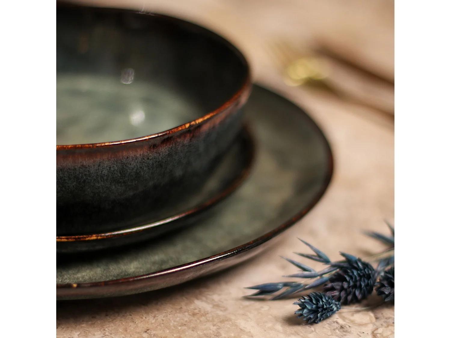 Ogo Living - Lot 6 Assiettes Coupes Grenada 20cm En Gres Vert Fonce