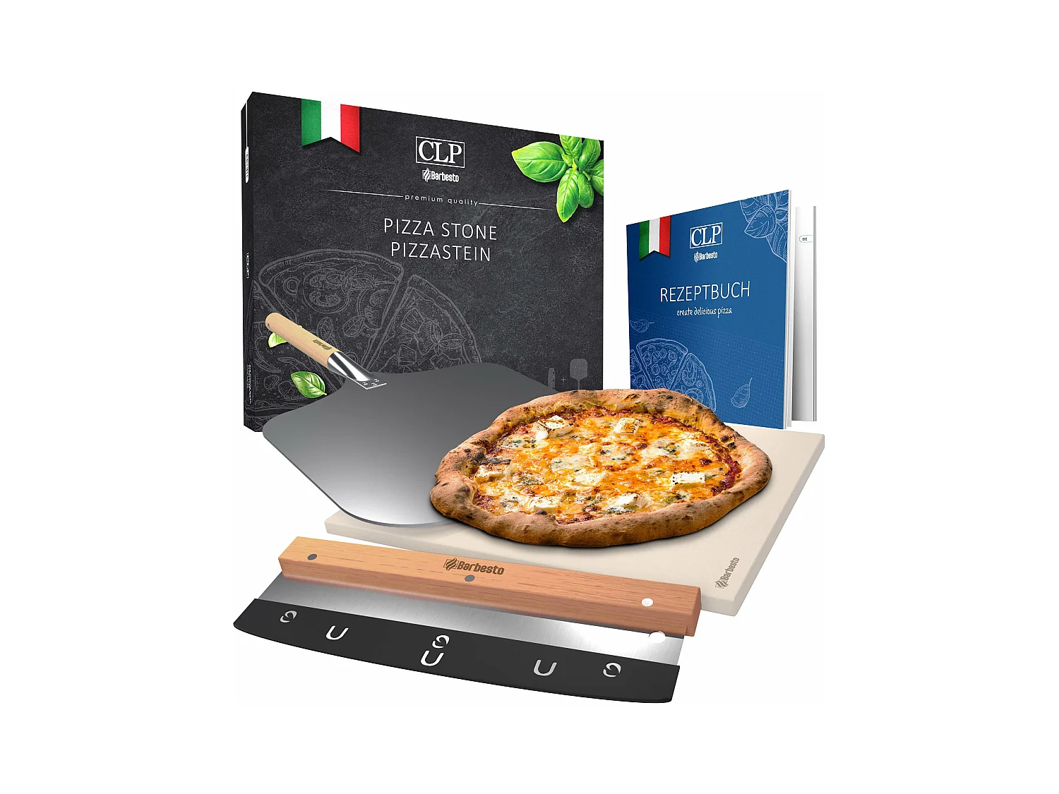 Pierre à pizza+coupe pizza+pelle à pizza - 38 x 30 x 1.5 cm