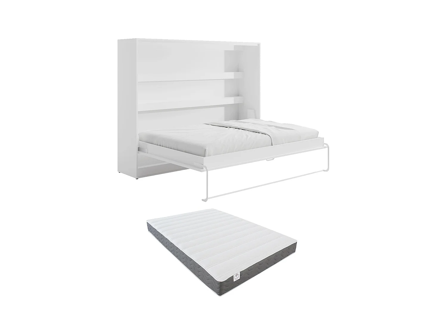 Lit escamotable 140 x 200 cm - Ouverture horizontale manuelle - Avec LEDs - Blanc + Matelas - RAPILI