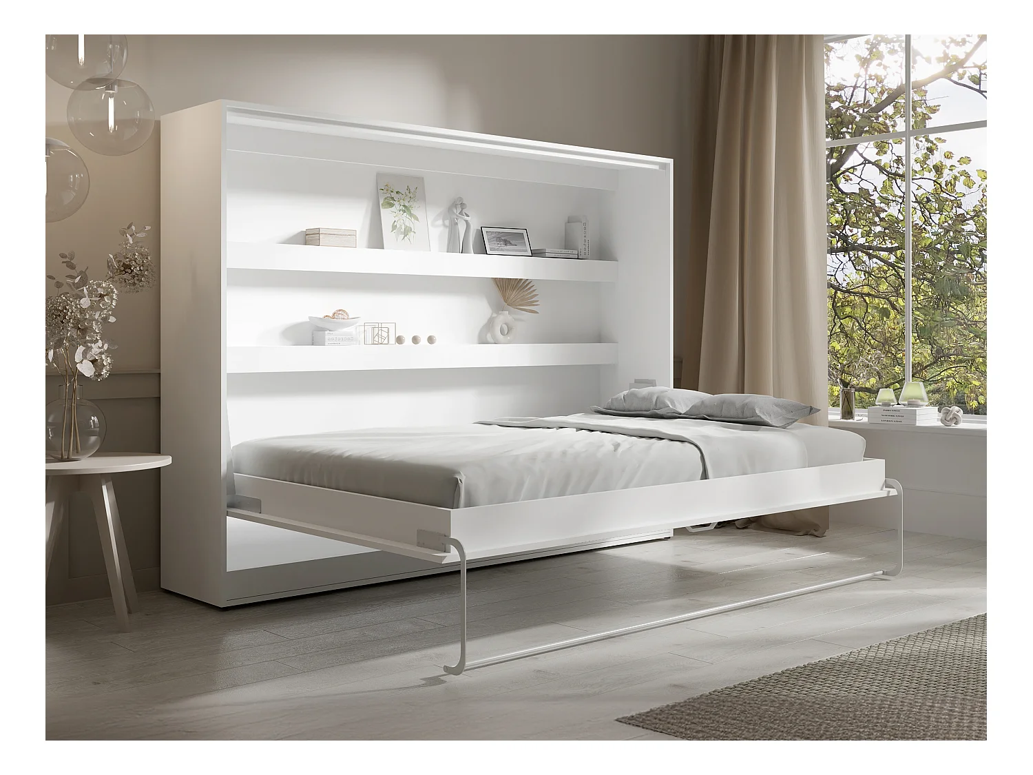Cama abatible 140 x 200 cm - Apertura horizontal manual - Con LEDs - blanco + Colchón - RAPILI