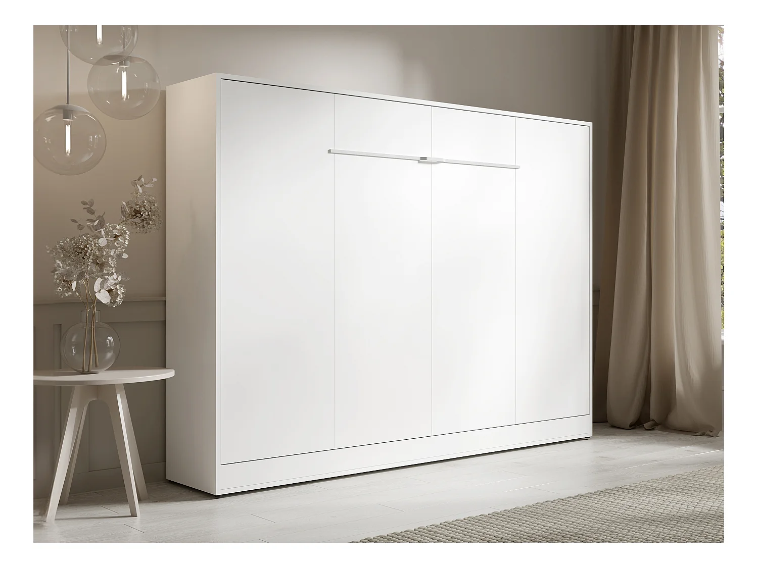 Cama abatible 140 x 200 cm - Apertura horizontal manual - Con LEDs - blanco + Colchón - RAPILI