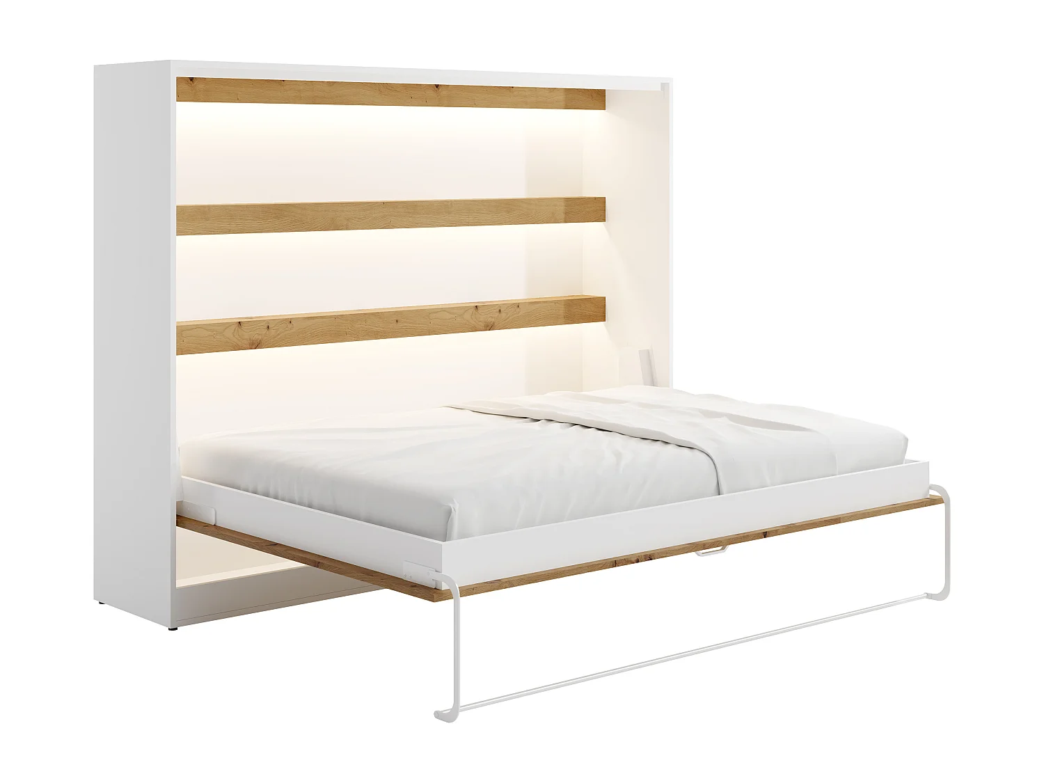 Lit escamotable 140 x 200 cm - Ouverture horizontale manuelle - Avec LEDs - Blanc et naturel + Matelas - RAPILI
