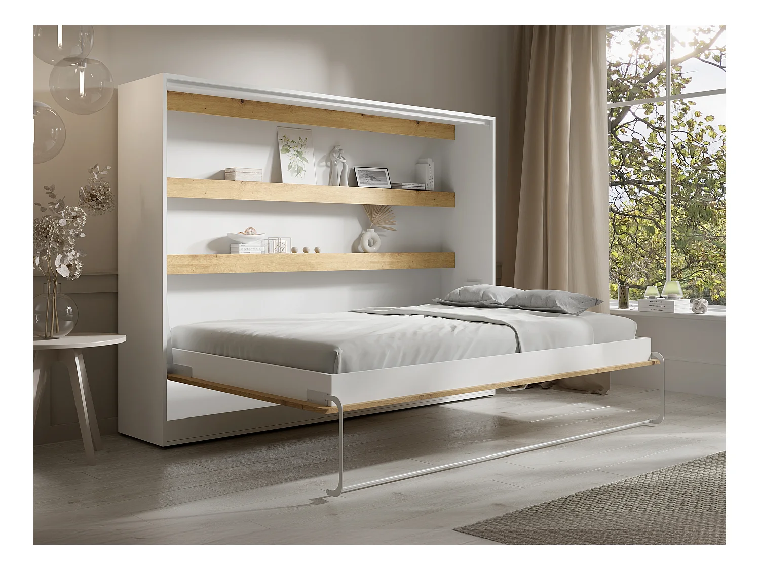 Letto estraibile 140 x 200 cm Apertura orizzontale manuale Con LED Bianco e Naturale + Materasso - RAPILI