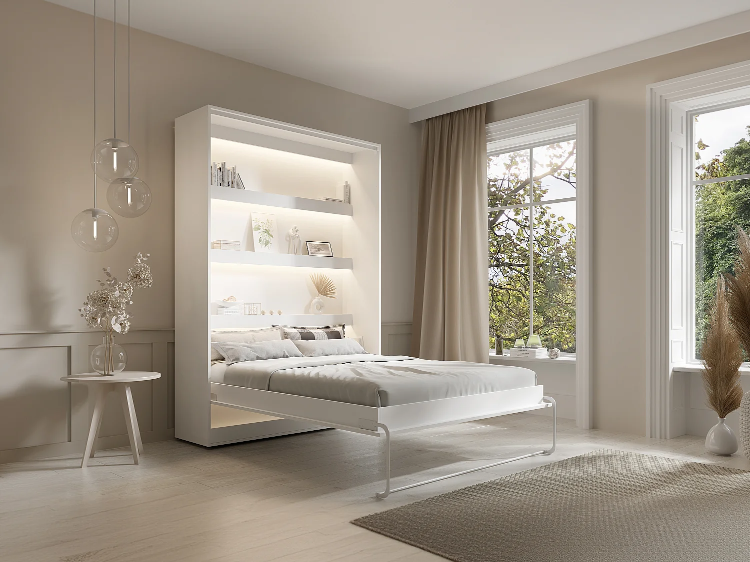 Łóżko chowane w szafie 140 × 200 cm – Otwieranie pionowe manualne – Oświetlenie LED – Białe + Materac – RAPILI