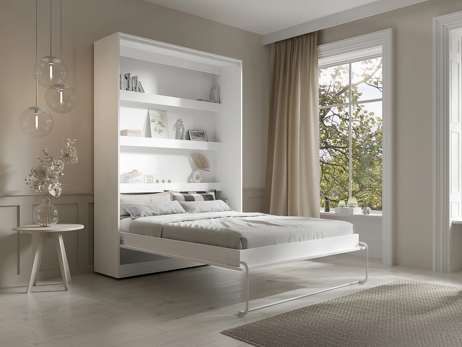 Lit escamotable 140 x 200 cm - Ouverture verticale manuelle - Avec LEDs - Blanc + Matelas - RAPILI