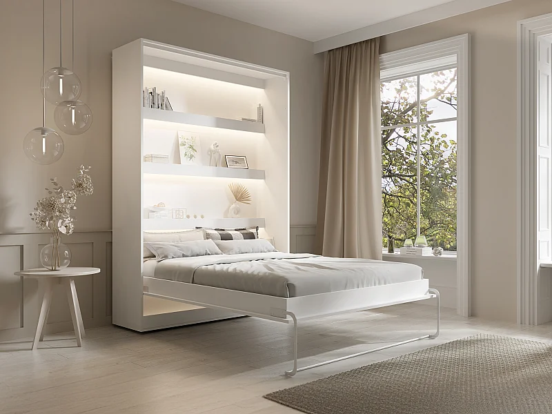 Lit escamotable 140 x 200 cm - Ouverture verticale manuelle - Avec LEDs - Blanc + Matelas - RAPILI