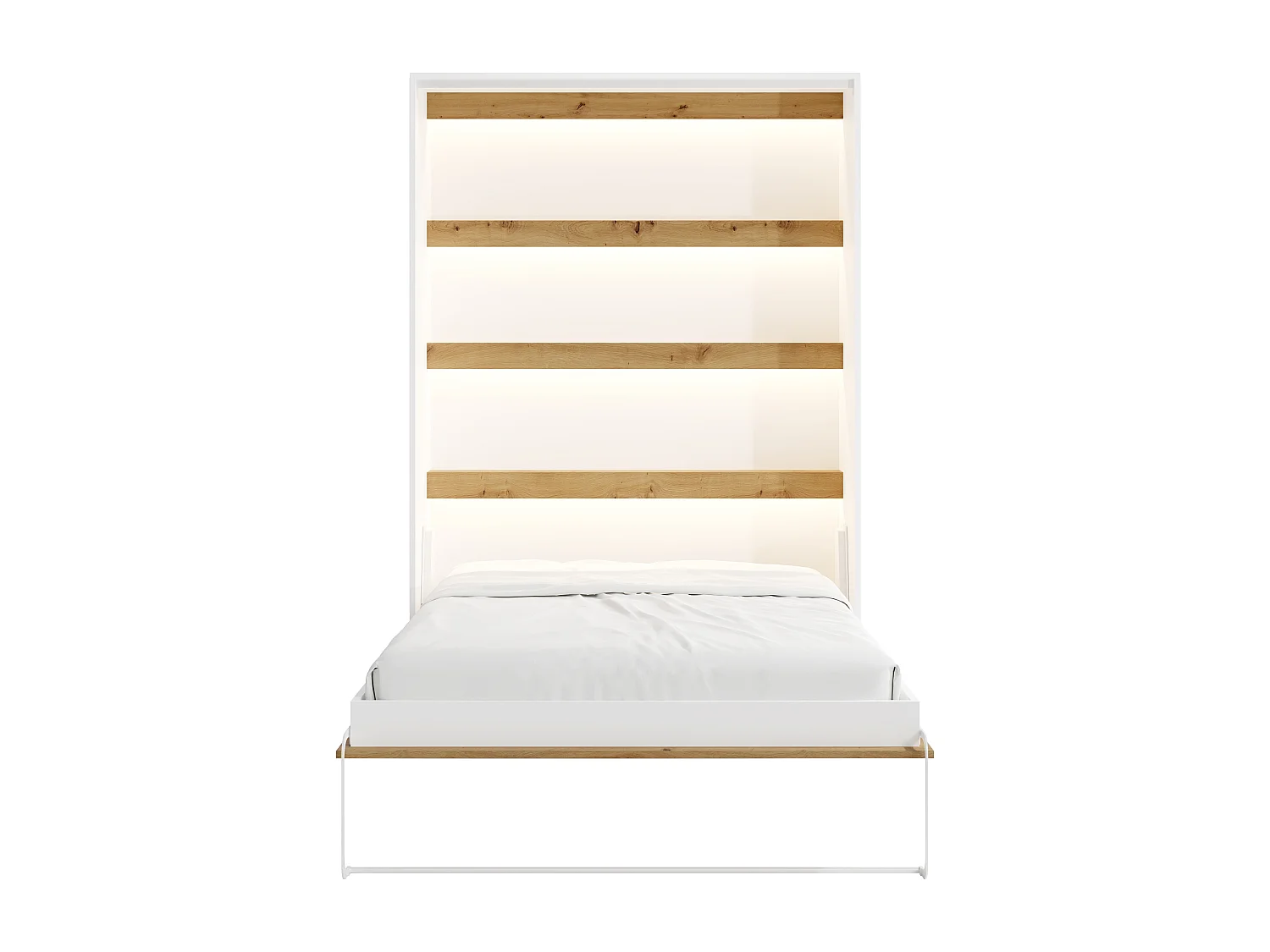 Lit escamotable 140 x 200 cm - Ouverture verticale manuelle - Avec LEDs - Blanc et naturel + Matelas - RAPILI