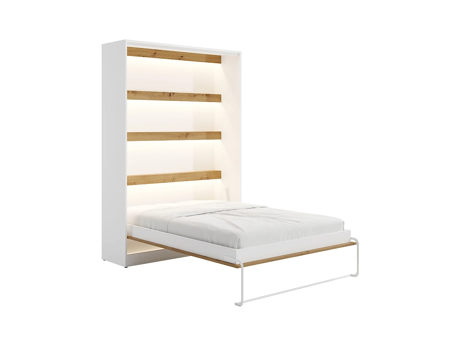 Lit escamotable 140 x 200 cm - Ouverture verticale manuelle - Avec LEDs - Blanc et naturel + Matelas - RAPILI
