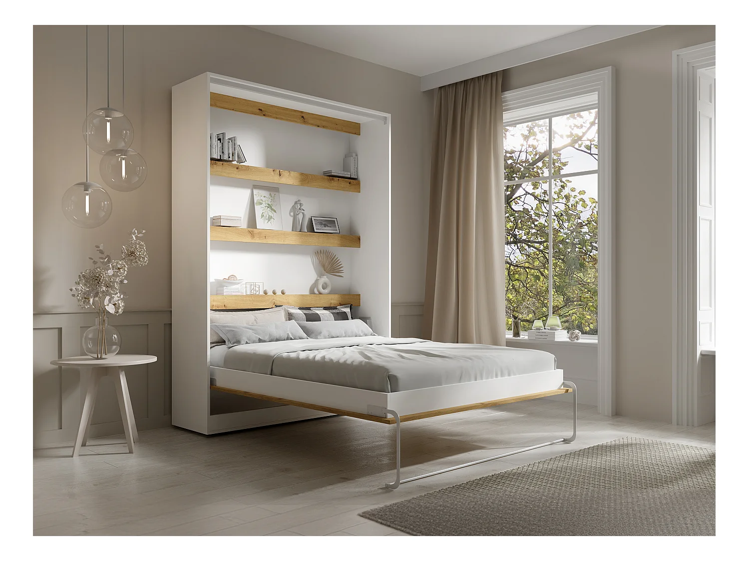 Lit escamotable 140 x 200 cm - Ouverture verticale manuelle - Avec LEDs - Blanc et naturel + Matelas - RAPILI