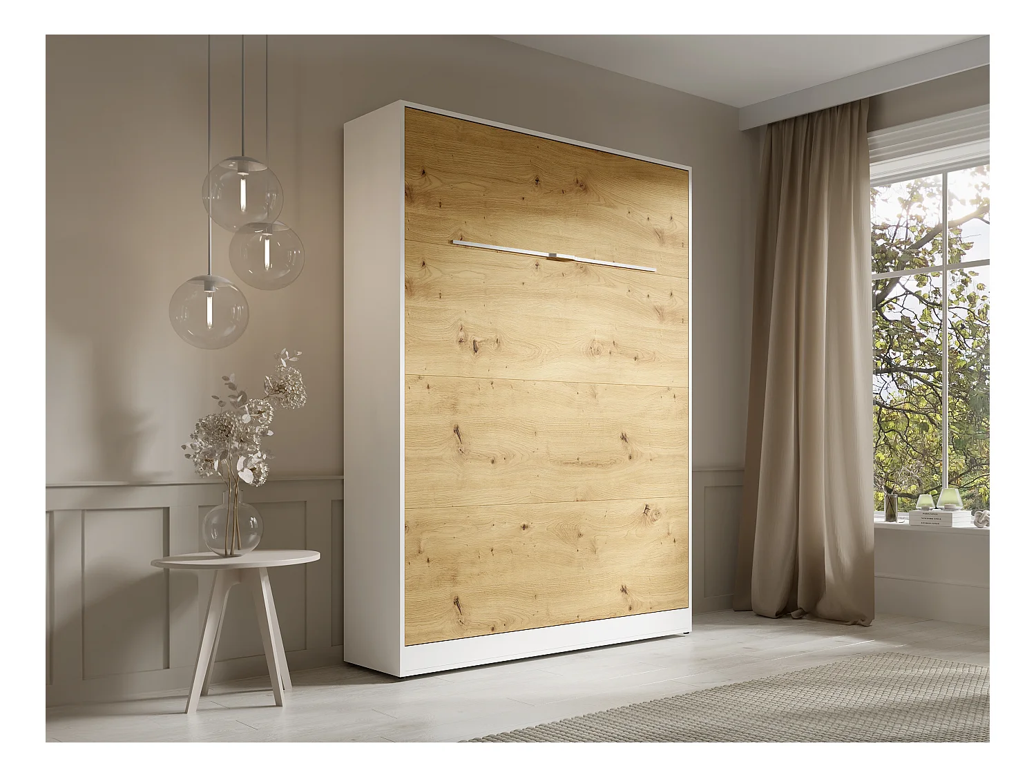 Lit escamotable 140 x 200 cm - Ouverture verticale manuelle - Avec LEDs - Blanc et naturel + Matelas - RAPILI
